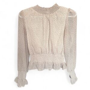 Beige Leopard Print Smocked Waist Blouse Size Small